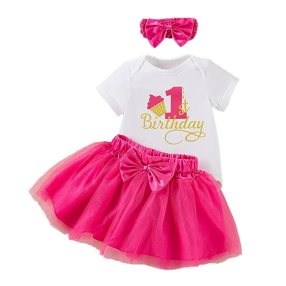 Tiijoy Baby Girl's 1St Birthday Outfit Set Letter Print Short Sleeve Romper + Tutu Skirt + Headband 3Pcs Set, Sizes 0-24 Months