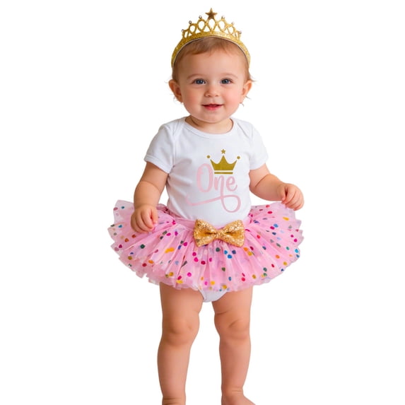 Tiijoy Baby Girls Birthday Party Outfits Short Sleeve Romper Tutu Skirt Headband Set, Sizes 0-24 Months