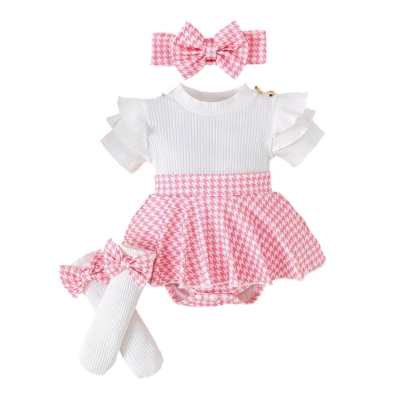 Tiijoy Baby Girls Checkered Skirt Short Sleeve Bodysuit Socks Headband Outfits, Sizes 3-6 Months
