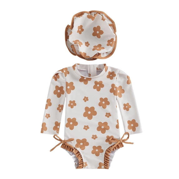 Tiijoy Baby Girls Cute Ruffled Long Sleeve Rash Guard One-Piece Swimsuit with Hat, Sizes 0-24 Months