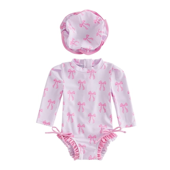Tiijoy Baby Girls Cute Ruffled Long Sleeve Rash Guard One-Piece Swimsuit with Hat, Sizes 0-24 Months