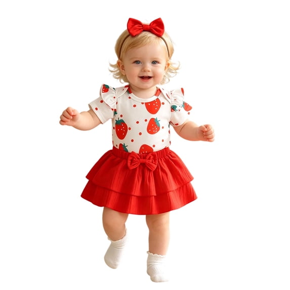 Tiijoy Baby Girls Outfits Cute Strawberry Ruffle Short Sleeve Romper Skirt Headband Set