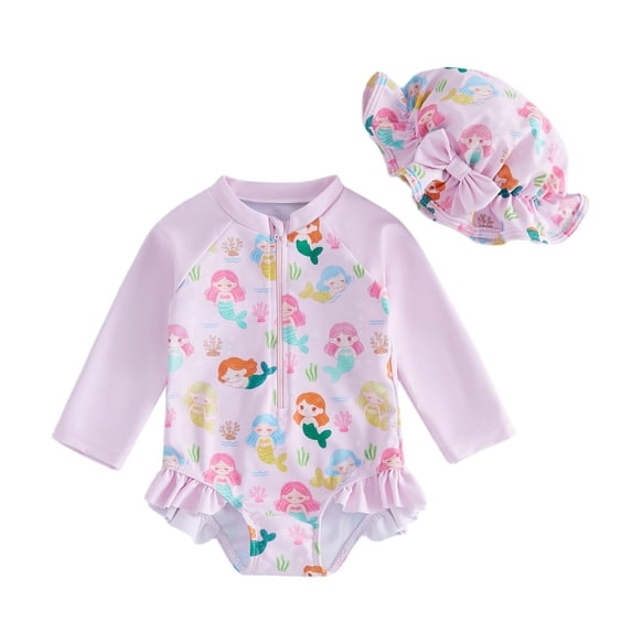Tiijoy Baby Girls Ruffle Long Sleeve Rash Guard One-Piece Swimsuit with Hat Bathing Suits