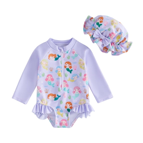 Tiijoy Baby Girls Ruffle Long Sleeve Rash Guard One-Piece Swimsuit with Hat Bathing Suits