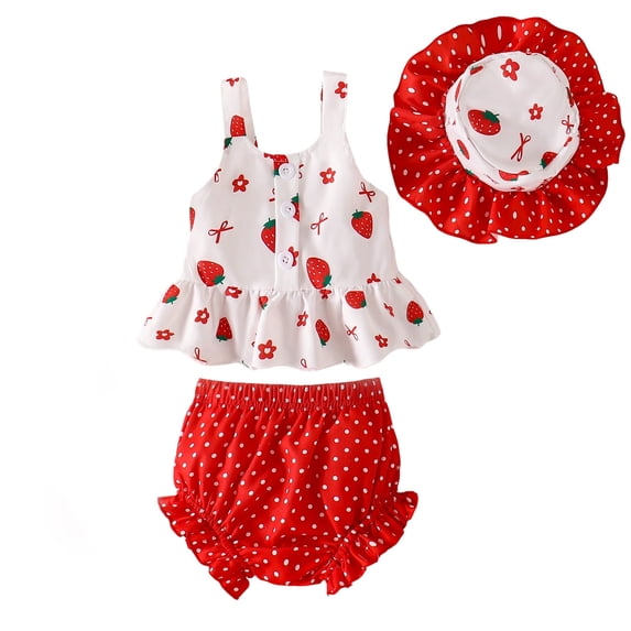 Tiijoy Baby Girls Summer Outfits Cute Strawberry Tank Top Shorts Hat 3Pcs Set, Sizes 6-12 Months