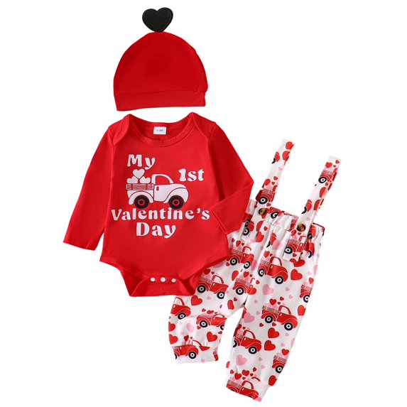 Tiijoy Baby Girls Valentine's Day Cotton Long Sleeve Romper Overalls Hat Outfits, Sizes 12-18M