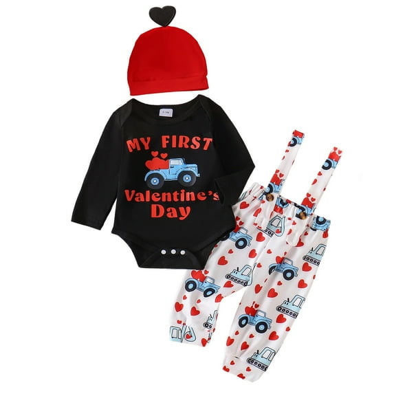 Tiijoy Baby Girls Valentine's Day Cotton Long Sleeve Romper Overalls Hat Outfits, Sizes 9-12M