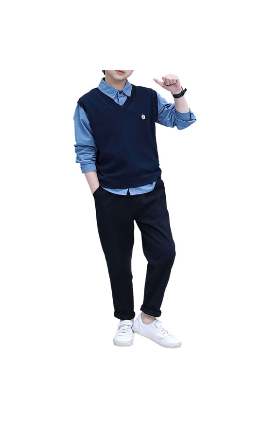 Big Boy's Suit Solid Long Sleeve Butto-Down Shirt Vest Pants Preppy Outfits