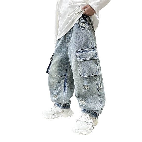 Tiijoy Big Boy's Wide Leg Ripped Jeans Loose Straight Cargo Denim Pants Kids Trousers