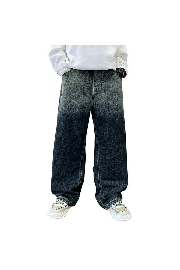 Big Boys Baggy Straight Leg Jeans Casual Boyfriend Pull On Denim Pants Trousers