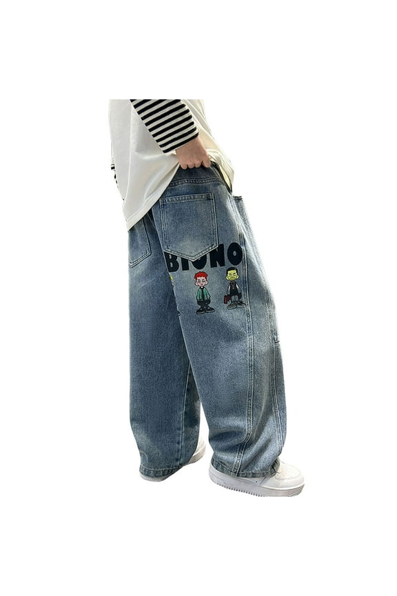 Big Boys Cartoon Embroidery Baggy Jeans Straight Leg Loose Pull On Denim Pants