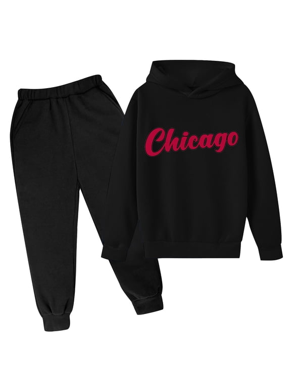 Big Boys Hoodie Outfits Chicago Printed Hooded Sweatshirt Sweatpants 2Pcs Set