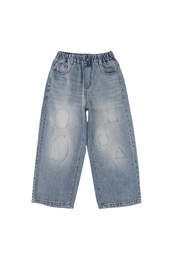 Big Boys Loose Fit Straight Jeans Letter Embroidery Pull On Denim Pants, Sizes 8-9