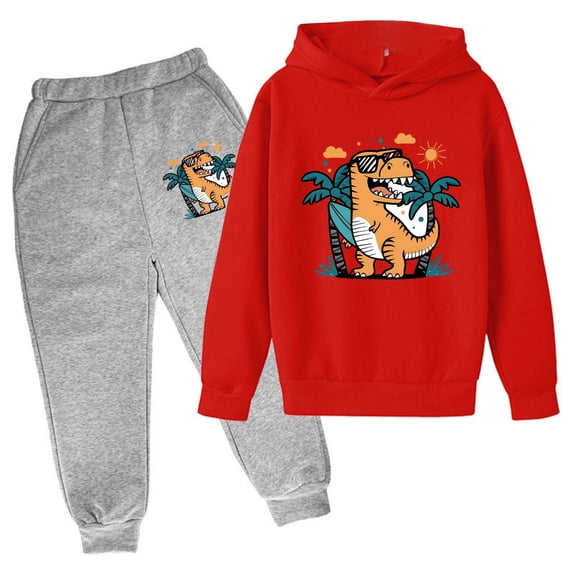 Tiijoy Big Boys Outfits Cartoon Dinosaur Print Hoodie Jogger Pants Casual Sweatsuit