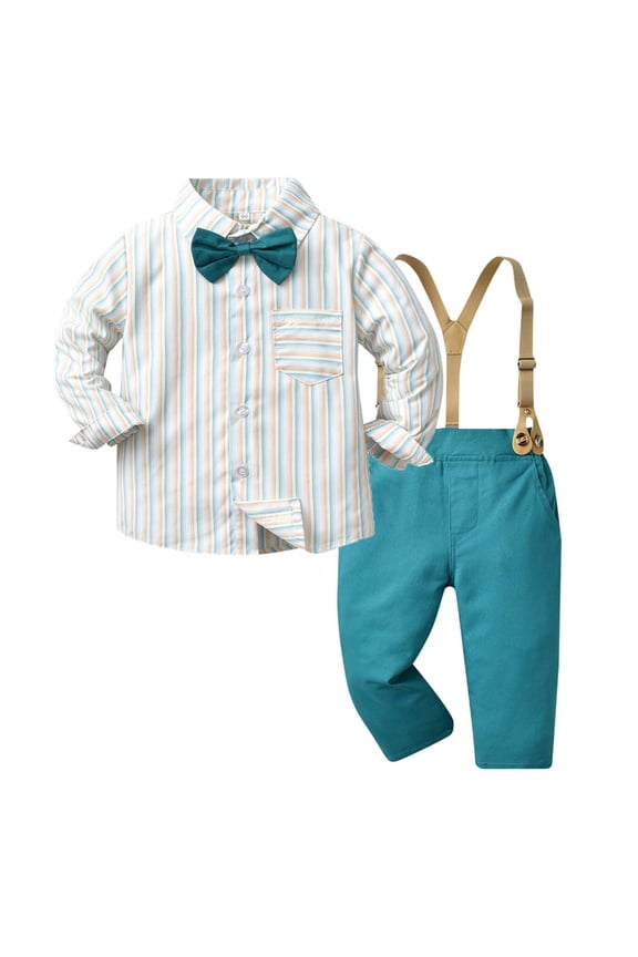 Big Boys Outfits Long Sleeve Striped Dress Shirt Suspender Pants Suit, Sizes 10-11
