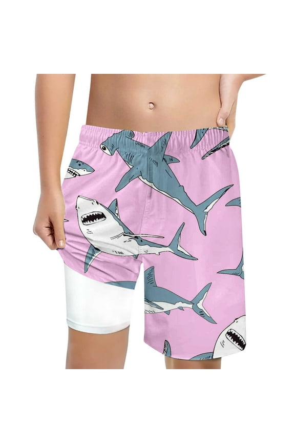 Big Boys Shark Print Swim Trunks with Compression Liner Board Shorts, Sizes 10-12