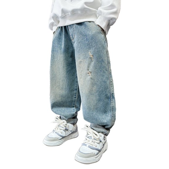 Tiijoy Big Boys Straight Leg Loose Cargo Jeans Casual Pull On Denim Pants Kids Trousers