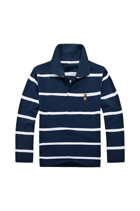 Big Boys Striped Long Sleeve Polo Shirt Uniform Pique Polos Casual T Shirt