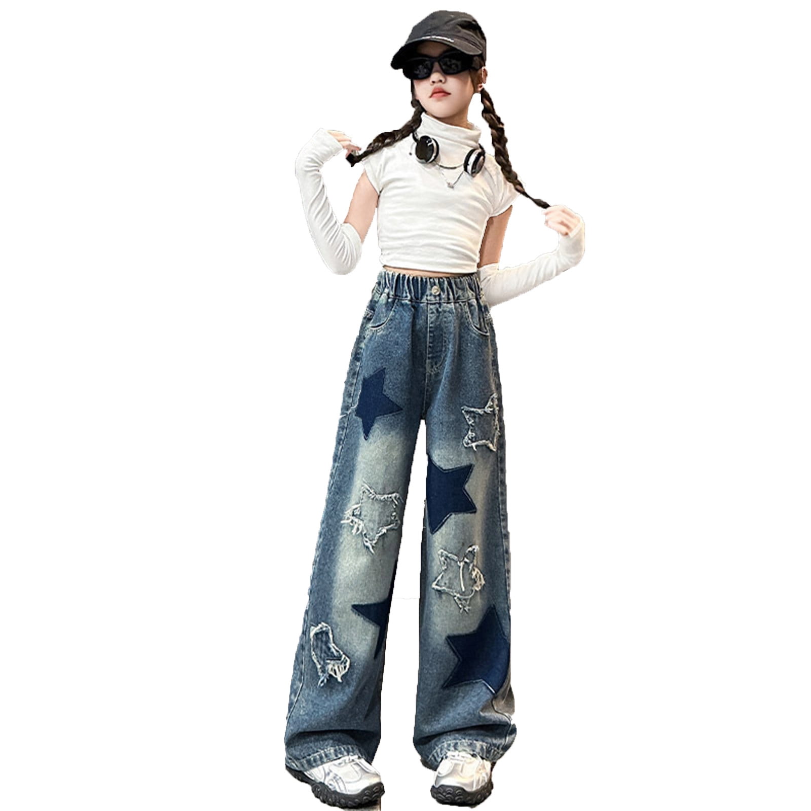 Tiijoy Big Girl's Baggy Straight Leg Signature Jeans with Star