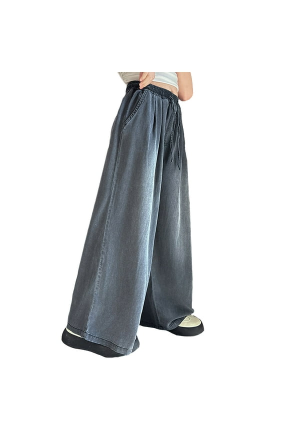 Big Girl's High Rise Wide Leg Jeans Loose Fit Pull On Denim Pants Trousers