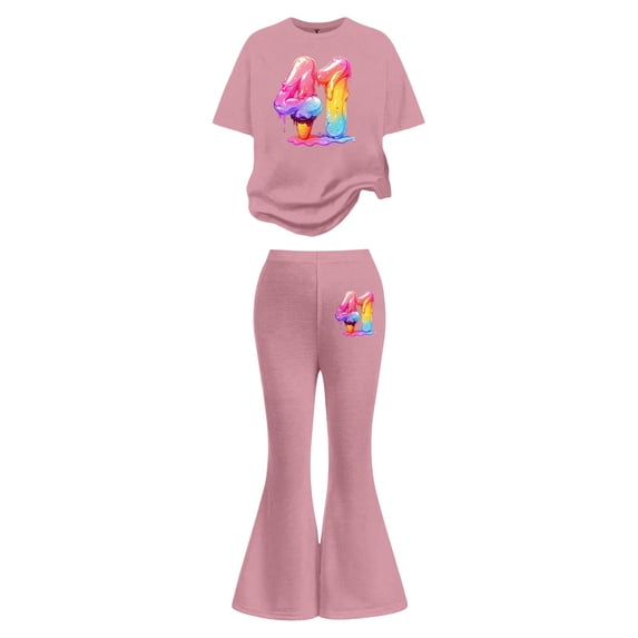 Tiijoy Big Girls 2 Piece Short Sleeve T Shirt Flared Pants Casual Outfits, Sizes 7-8