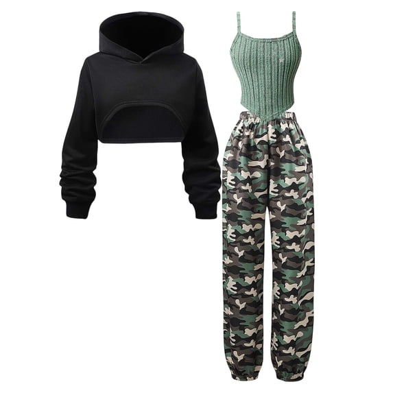 Tiijoy Big Girls 3 Piece Camo Outfit Knit Camisole Cropped Hoodie Jogger Pants Set, Sizes 7-8