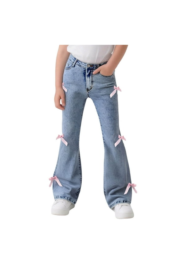 Big Girls Bootcut Jeans Bow Stretch Demin Pants Kids Mid Rise Casual Trousers