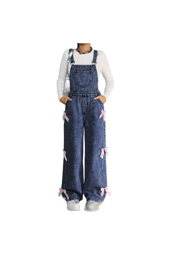 Big Girls Bow Denim Overalls Loose Straight Leg Dungarees Jumpsuit, Sizes 8-9