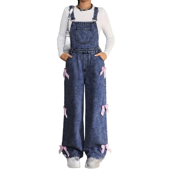 Tiijoy Big Girls Bow Denim Overalls Loose Straight Leg Dungarees Jumpsuit, Sizes 8-9