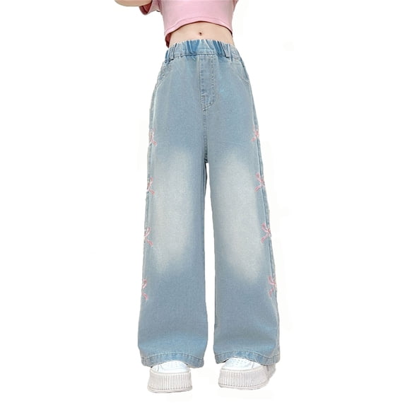 Tiijoy Big Girls Bow Embroidery Straight Leg Jeans Relaxed Fit Pull On Demin Pants