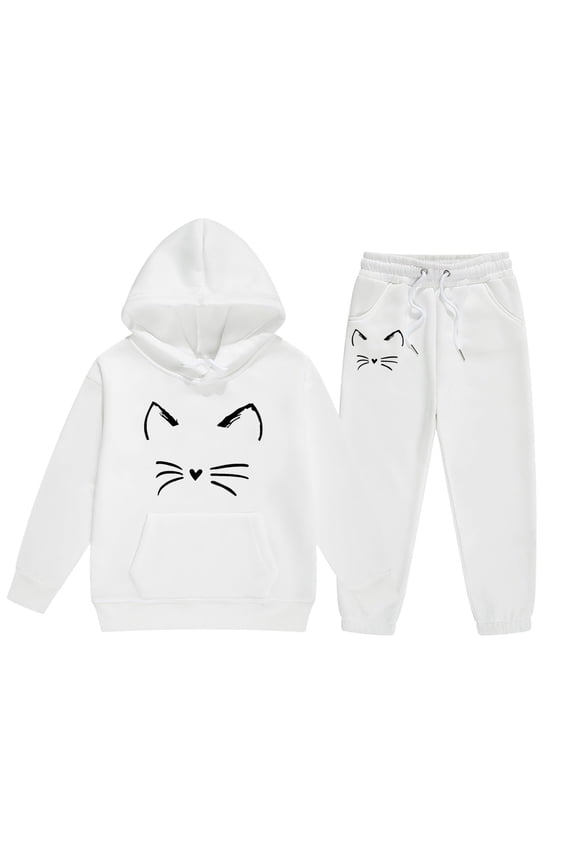 Big Girls Cartoon Cat Print Hoodie Sweatpants Outfits Sweatsuits, Sizes 2-13