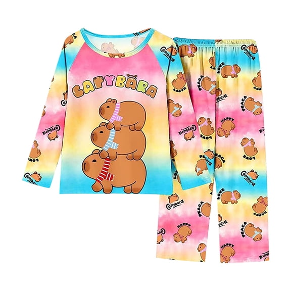 Tiijoy Big Girls Cute Capybara Print Long Sleeved Top Pants Pajama Set, Sizes 7-8