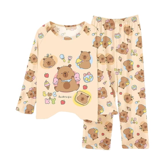 Tiijoy Big Girls Cute Capybara Print Long Sleeved Top Pants Pajama Set, Sizes 7-8