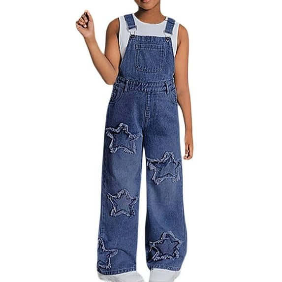 Tiijoy Big Girls Denim Overalls Wide Leg Jumpsuit Dungarees with Star Patches