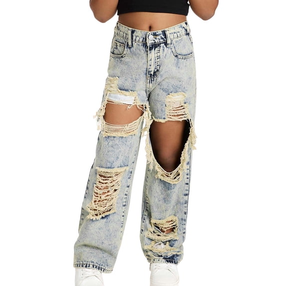Tiijoy Big Girls Distressed Ripped Jeans Loose Fit Straight Leg Demin Pants, Sizes 8-9