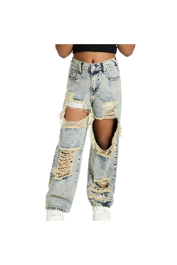 Big Girls Distressed Ripped Jeans Loose Fit Straight Leg Demin Pants, Sizes 8-9