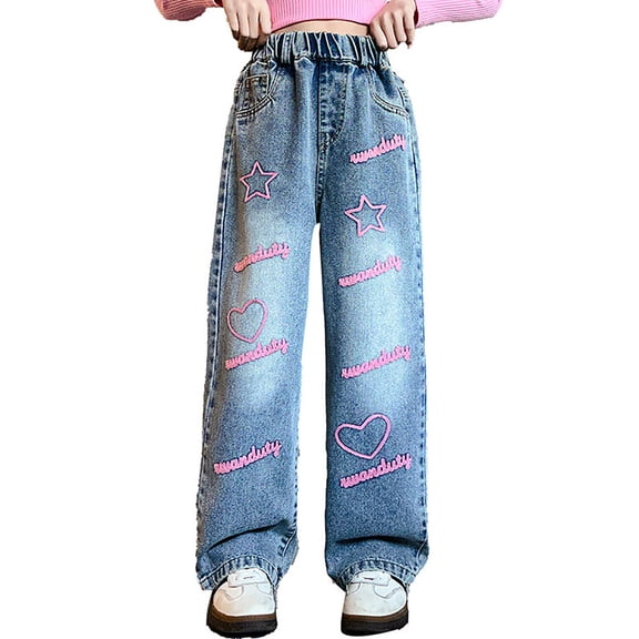 Tiijoy Big Girls Embroidery High Rise Wide Leg Jeans Straight Pull-On Denim Pants