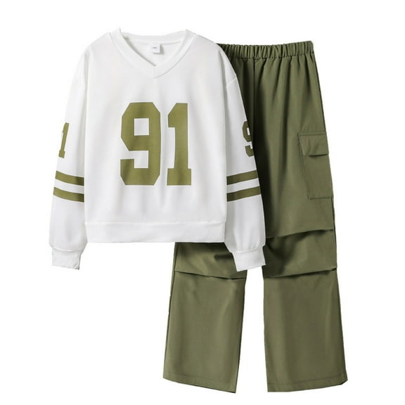 Tiijoy Big Girls Fall Outfits V Neck Sweatshirt and Cargo Pants 2Pcs Casual Outfit Set