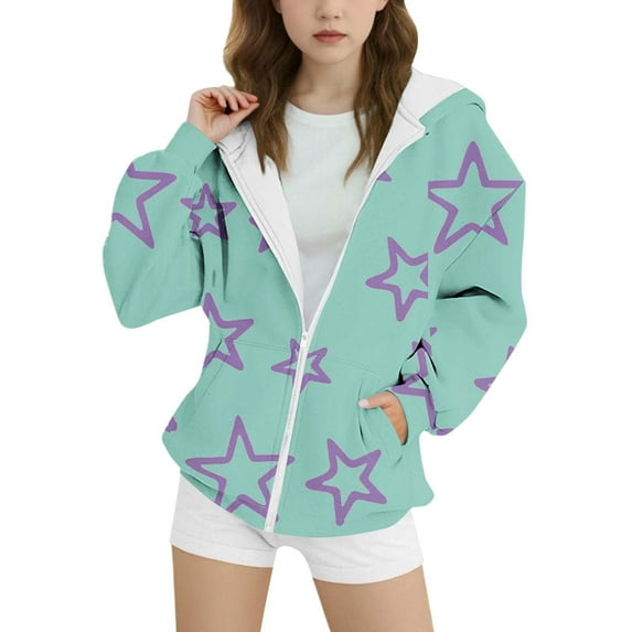 Tiijoy Big Girls Fleece Zip Up Hoodie Star Print Hooded Sweatshirt Jacket, Sizes 8-9