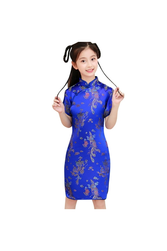 Big Girls Floral Embroidery Cheongsam Short Sleeve Chinese Dress, Sizes 8-10