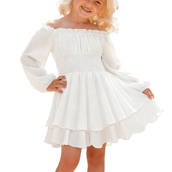 Tiijoy Big Girls Flowy Off Shoulder Smocked Dress Elegant Layered A Line Dress, Sizes 7-8