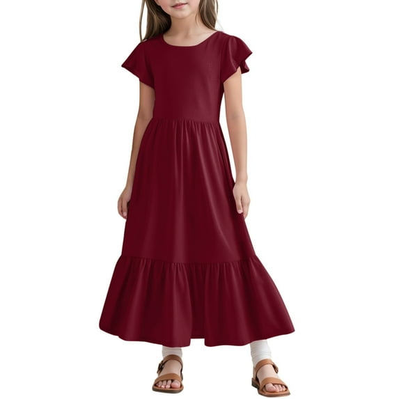 Tiijoy Big Girls Flutter Sleeve Long Dress Casual A-Line Flowy Tiered Dress, Sizes 10-11