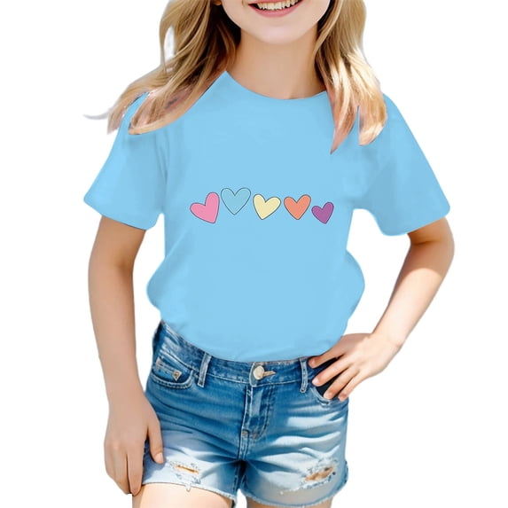 Tiijoy Big Girls Graphic T-Shirt Hearts Print Short Sleeve Casual T Shirt, Sizes 11-12