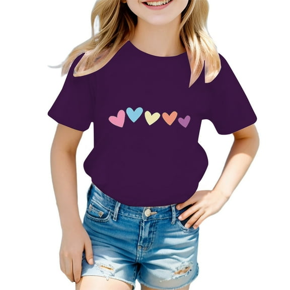 Tiijoy Big Girls Graphic T-Shirt Hearts Print Short Sleeve Casual T Shirt, Sizes 11-12
