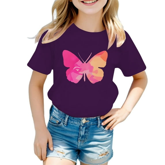 Tiijoy Big Girls Graphic Tee Butterfly Print Short Sleeve Casual T Shirt, Sizes 9-10