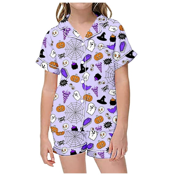 Tiijoy Big Girls Halloween Printed Silk Pajamas Short Sleeve Button Down Top Shorts Sleepwear, Sizes 8-9