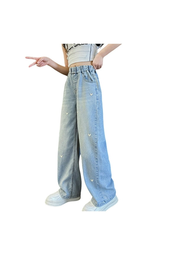 Big Girls Hearts Embroidery Pull On Jeans Straight Leg High Waisted Denim Pants, Sizes 7-8