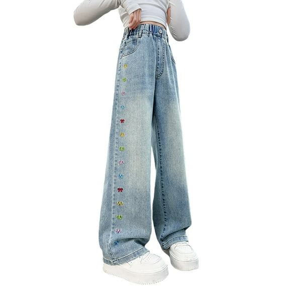 Tiijoy Big Girls High Waisted Loose Jeans Bow Embroidery Straight Denim Pants, Sizes 10-11