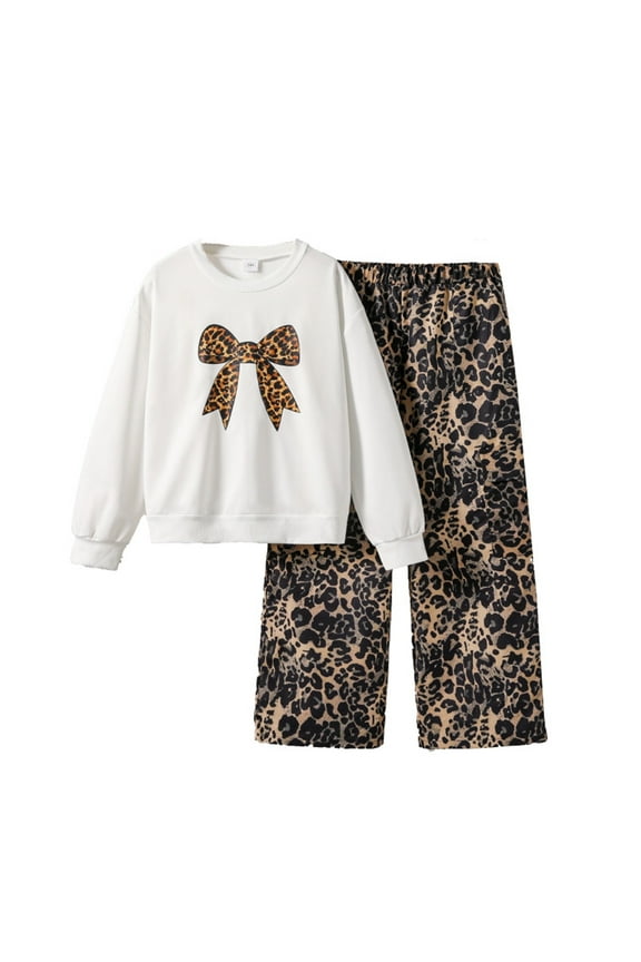 Big Girls Outfits Bow Print Crew Neck Sweatshirt Leopard Pants Casual Tracksuit