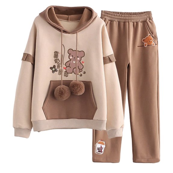 Tiijoy Big Girls Outfits Cute Bear Print Pullover Hoodie Sweatpants Tracksuit